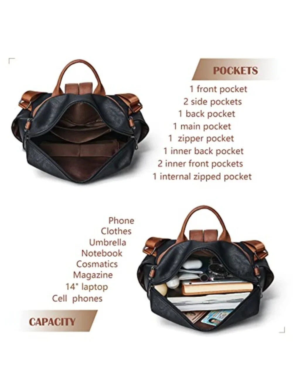 PU Leather Laptop Backpack for Women Anti-Theft Daypack with Wristlet